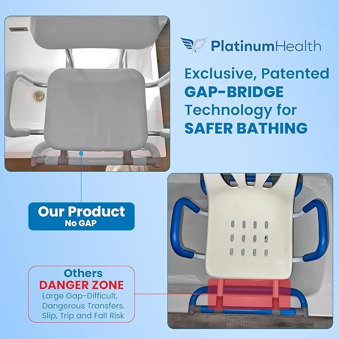 Platinum Health HydroSlide Sliding Shower Chair Swivel Seat for Bathtub, Soft, Padded with Industry-Exclusive, Patented Gap-Bridge Safety Feature. Padded Armrests. Ideal for Elderly and Seniors