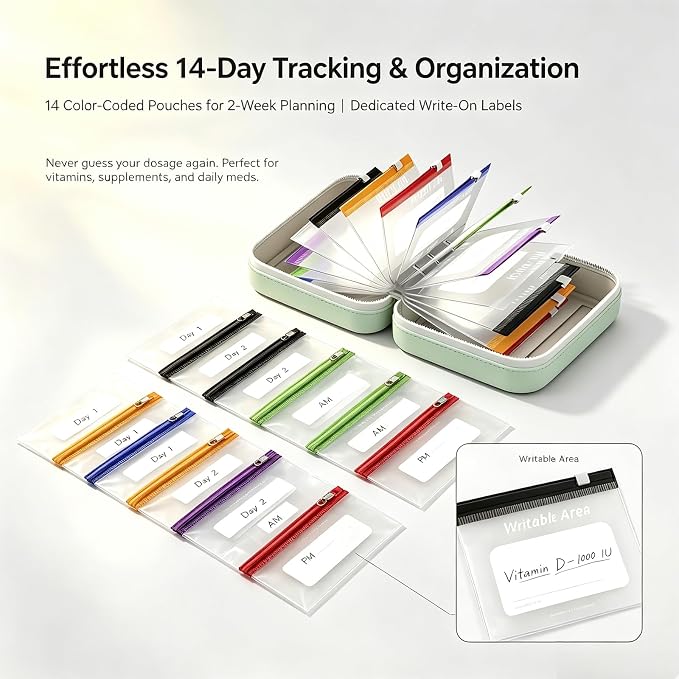 Travel Pill Organizer Binder with 14 Color-Coded Zipper Pouches (1Black) | Waterproof PU Exterior • Flexible 3-Ring System • Writable Labels • Crush-Resistant Shell