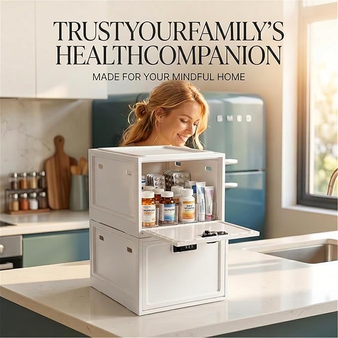Medicine Lock Box for Safe Medication, 10L Lockable Storage Box for Fridge/Snacks Food, Phone Lock Boxes with Combination Code for Home/Dorms/Office Storage (1, Milky White)