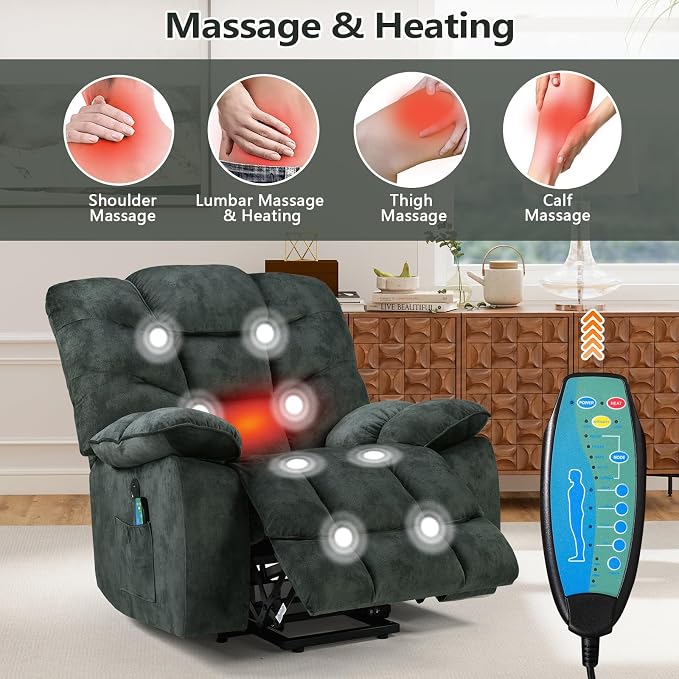 HAOMARKETS Oversized Power Lift Recliner Set of 2 with Massage and Heat for Elderly, Electric Lifting Reclining Chair with Side Pockets and USB Port for Living Room, Dark Green