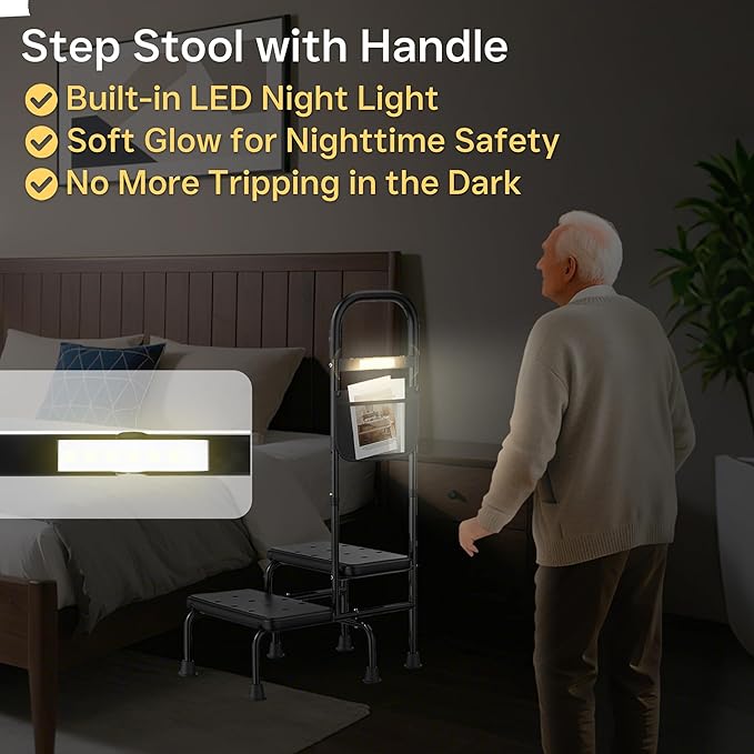 Step Stool with Handle – 2 Step Foot Stool for Adults, Non-Skid Bed Steps for High Beds, Adjustable Handrail with Night Light & Storage Bag, Safe Step Stool for Seniors & Elderly