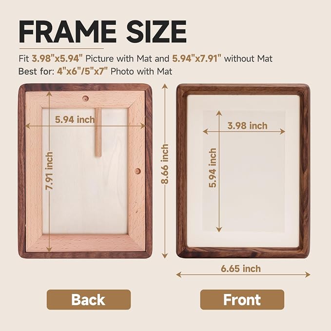 Solid American Black Walnut Picture Frame 5x7 4x6, Natural Wood Tabletop Photo Frame with Decorative Joinery Corners, Horizontal or Vertical Display (Walnut, For 5x7 / 4x6 Photo)