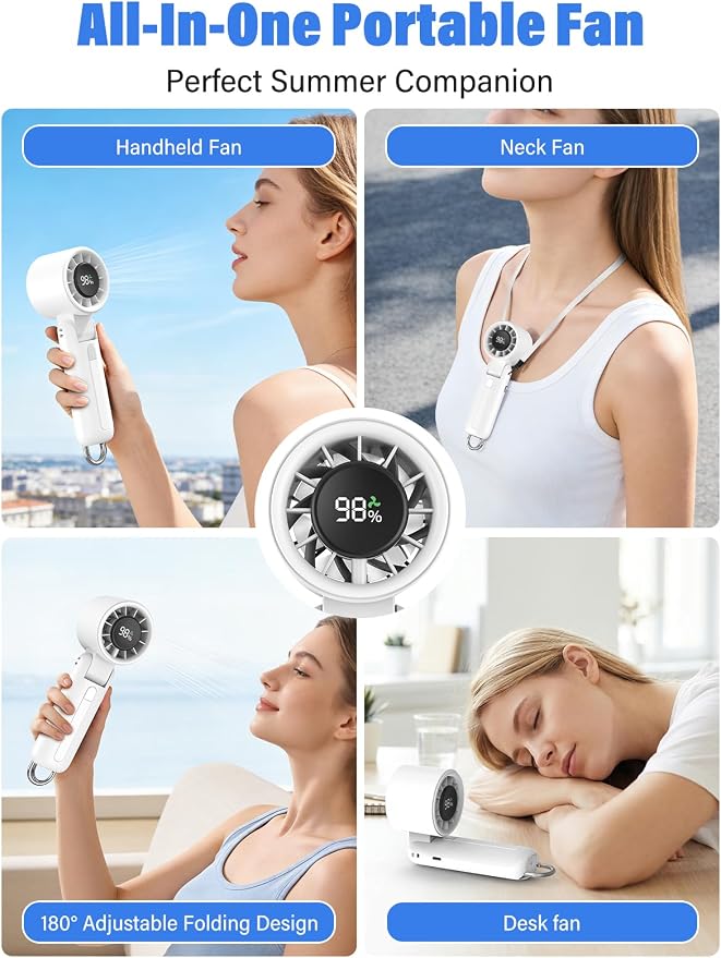AI Handheld Fan Turbo, 100-Speed Portable Fan Rechargeable, Mini Fan with 12800 RPM Strong Airflow, Foldable 4-in-1 Personal Fan for Travel, Camping, Beach & Office, USB-C & Lightweight & Quiet