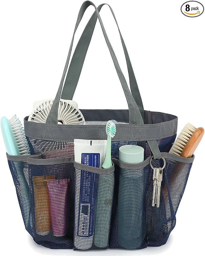 Fammart Mesh Shower Caddy Portable for College Dorm Room Essentials, Odorless Polyester Large Shower Tote Bag with Dual Handles, 8-Pocket Quick-Dry Toiletry Organizer for Travel, Beach, Camping, Gym
