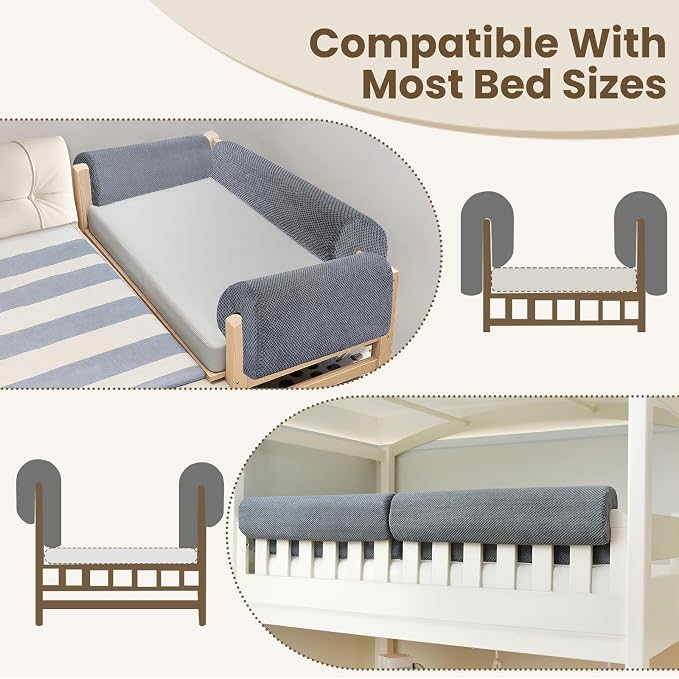 Toddlers' Bed Rail Bumpers Protector, Children's Bed Guardrail Padding, Soft Cushioned Barrier, Increased Height, Easy to Install, Washable Cover, Fits Floor, Bunk & Loft, 2.3 Ft, Gray