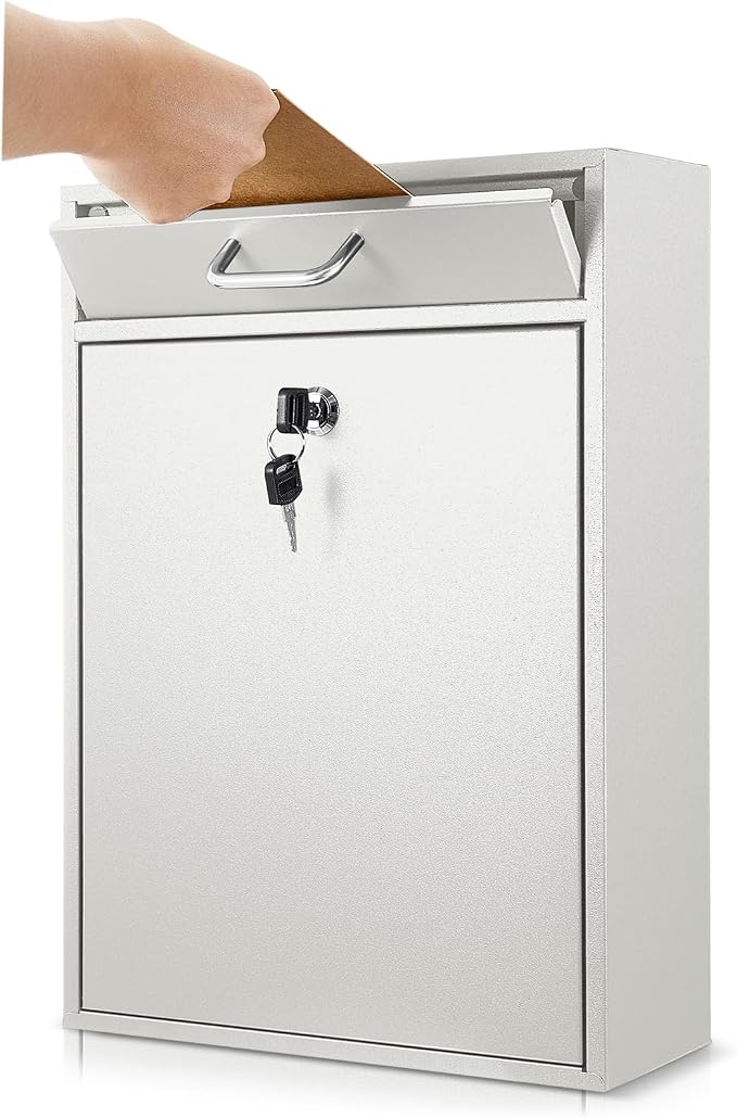 Yaocom Locking Mailbox with Key for Outdoor 16.2 x 11.2 x 4.7 Inches Large Wall Mount Mail Box with Lock Security Mail Drop Metal Collection Boxes Hanging Secure Postbox(Creamy White)