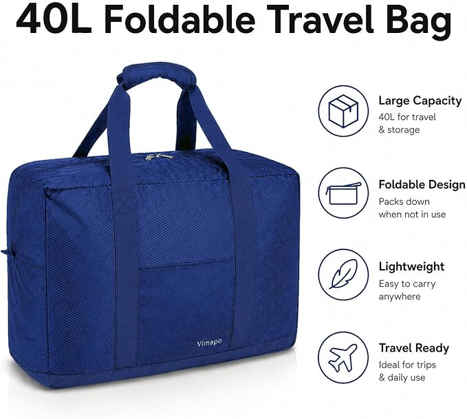 Foldable Travel Duffle Bag with Trolley Sleeve 40L Capacity, Lightweight Packable Travel Duffel Bags with the Keyhole Zipper, Weekender Overnight Nylon Carry on Bag for Men & Women, Blue