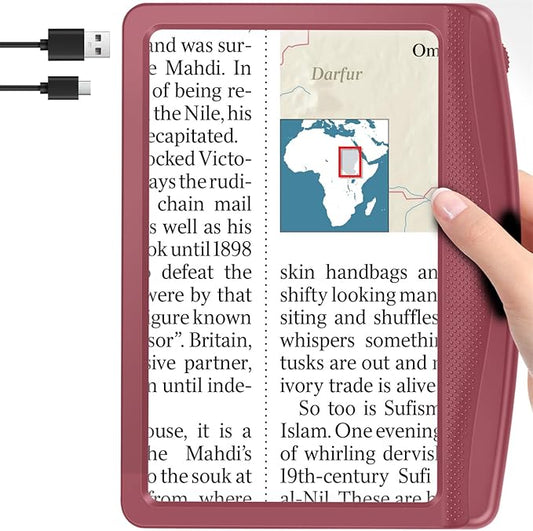 5X Rechargeable Magnifying Glass with Light, Large Bright LED Lighted Full Page Magnifier, Lightweight Rectangular Handheld Magnifier with Light for Reading Small Prints for Seniors, Red