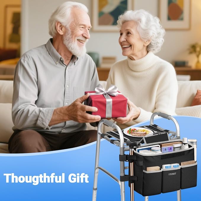 Ytonet Walker Basket with Tray, Detachable Walker Tray for Folding Walkers | Large Capacity Storage Baskets with Phone and Crutch Holder Water-Resistant Non-slip Walkers Accessories for Seniors Black