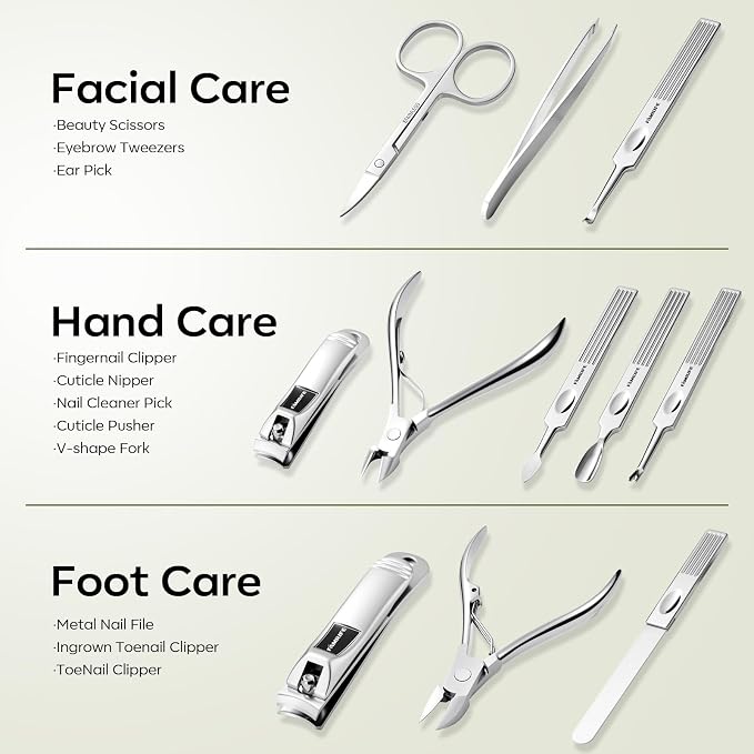 FAMILIFE Manicure Set, Professional Manicure Kit Nail Clippers Set 11 in 1 Stainless Steel Nail Pedicure Tools Kit Grooming Tool with Portable Green Leather Travel Case Luxury Gifts for Women and Men