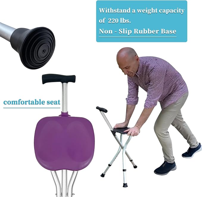 Portable Adjustable Folding Walking Cane with Seat Allows Durability While Walking and Convenience for Sitting, Alloy Crutch Chair, Anti-Slip Lightweight Walking Stick for Seniors