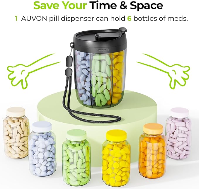 AUVON Large Pill Organizer, Pill Dispenser for Holding 6 Various Vitamins, Pill Box Case with Anti-Mixing & Wide Opening Design, Easy to Retrieve Meds, Includes 20 Pcs Stick-on Labels