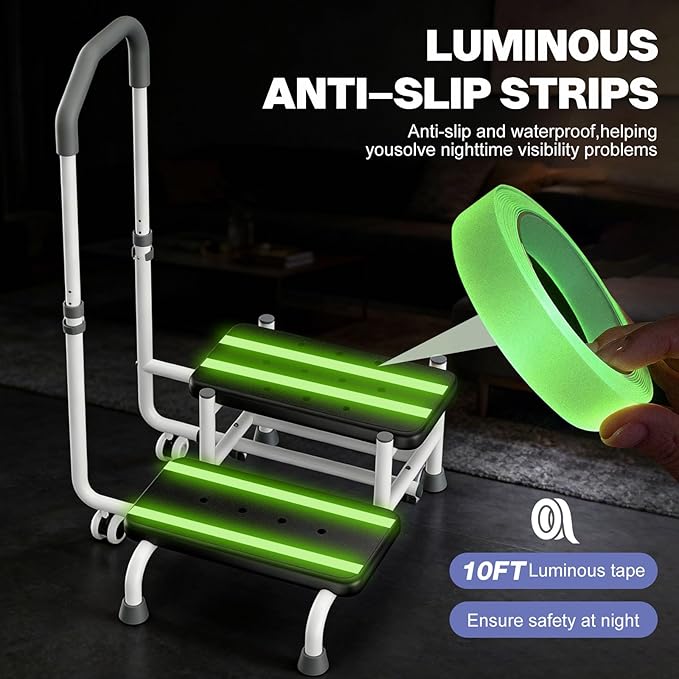 2 Step Stool with Handle for Elderly, 2 Lockable Wheel - Bed Steps for High Beds for Adults, 4.3 in Widened Spacing, 5 Level Adjustable Handrail, Foot Stool, for Bedside, Kitchen, RV, Bathtub