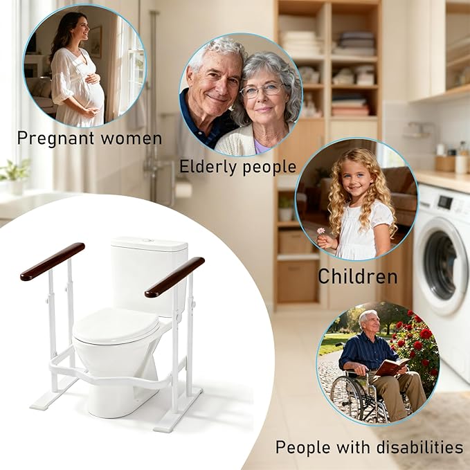 Toilet Safety Rails for Seniors - Toilet Safety Frame with Dual Pillars, Waterproof Nighttime Reflective Base, 3-Speed Height Adjustment (Brown, Double Pillar)