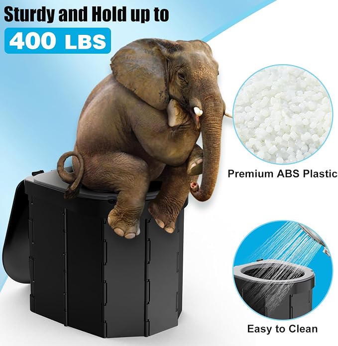 Portable Camping Toilet, Foldable Toilet for Adults with Detachable Phone Shelf and Toilet Paper Holder, Waterproof Porta Potty with Lid for Camping, Hiking, RV Travel, Road Trips