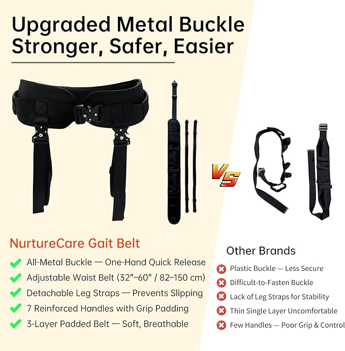 Upgraded Gait Belt with Metal Buckle, Transfer Belt with Handles and Leg Straps, Lift Belt for Seniors, Walking Support, Mobility and Elderly Assistance (Black, Medium)