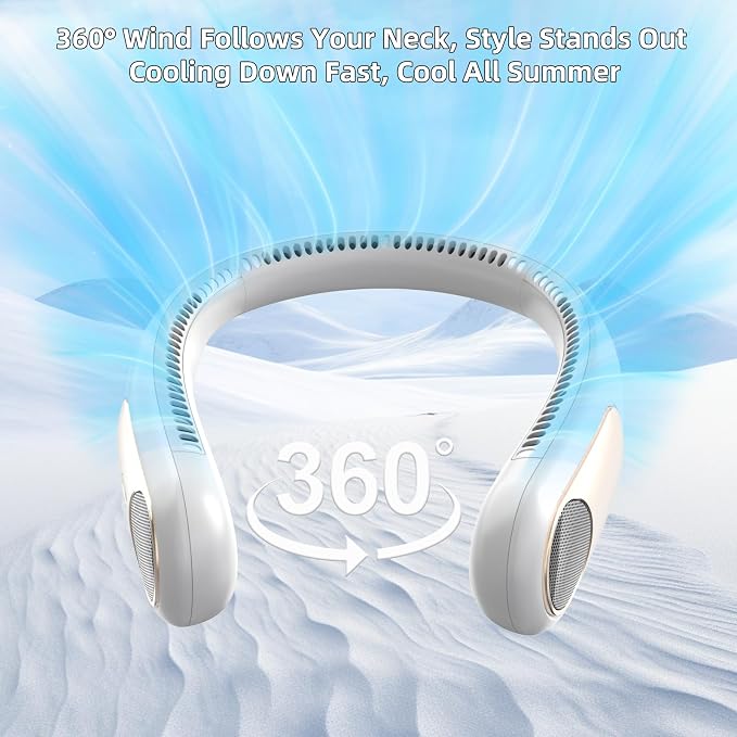 Portable Neck Fan, Personal Wearable Bladeless Fan for Outdoor Indoor, LED Display, 360° Cooling, 4-Speeds, 6000mAh USB Rechargeable, Birthday Gifts for Men Women Dad Mom (White)