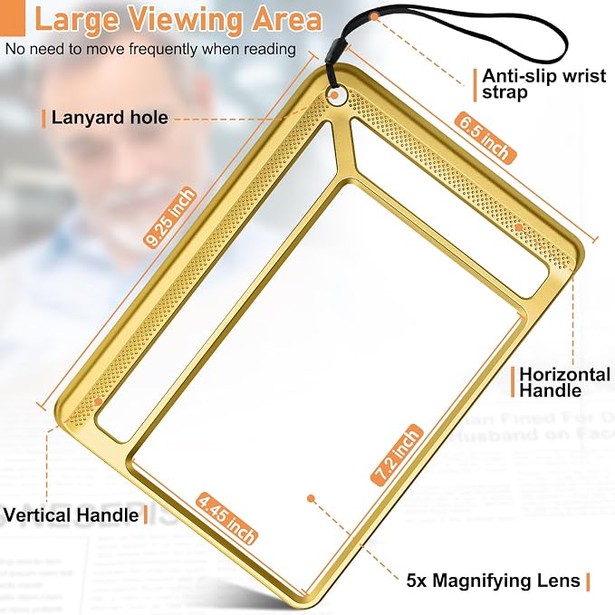 AKKYCVS 5X Full Page Magnifying Glass for Reading, Lightweight Rectangular Magnifier Provides Large Book Page Viewing Area, Handheld Magnifier for Reading Small Prints for Seniors, Low Vision-Gold