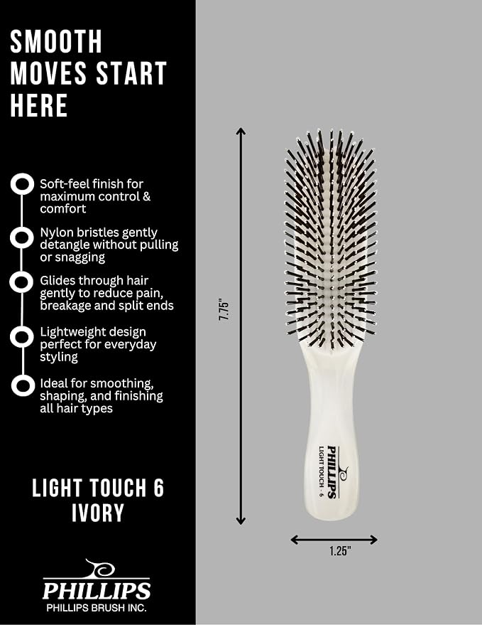 Phillips Brush Light Touch 6 Detangling Hair Brush, Full Size Ivory White | Flexible Nylon Bristles Gently Detangle All Hair Types for Smooth, Comfortable Daily Brushing