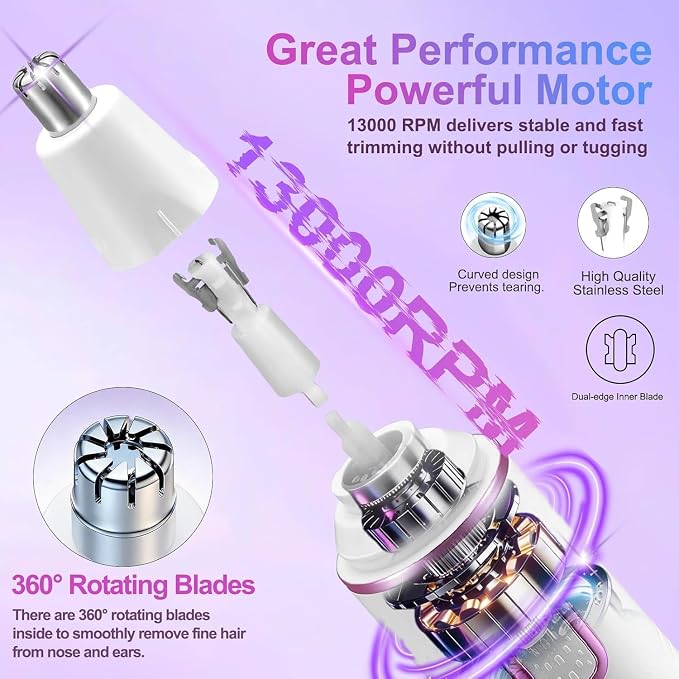 AREYZIN Nose Hair Trimmer for Women, 2 in 1 Professional Painless Electric Facial and Eyebrow Hair Remover, IPX7 Waterproof, USB Rechargeable, Dual-Edge Blades (White)