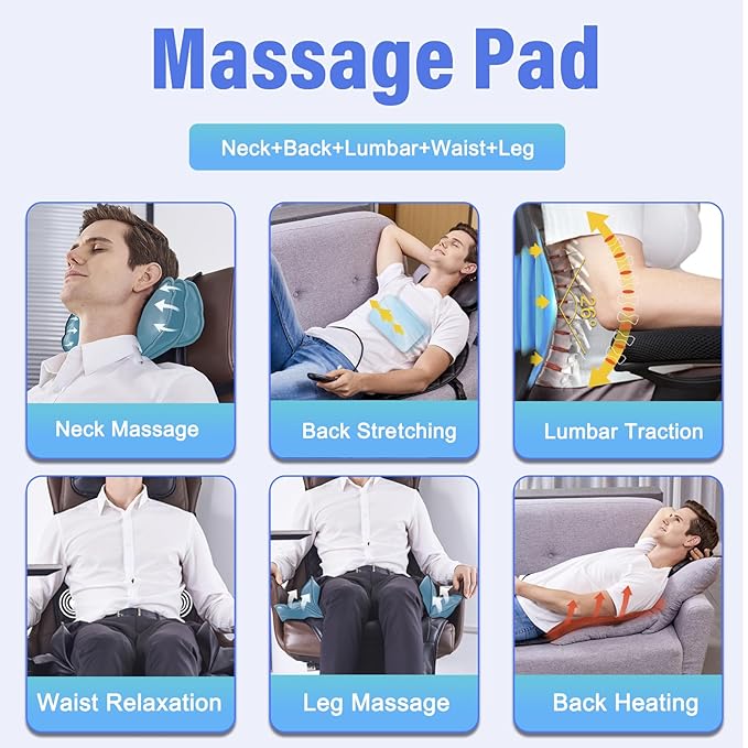 comrelax Back Massager with Heat & Traction & Vibration, Chair Massager Pad, Seat Massage for Pain Relief Deep Tissue, Lumbar Traction, PU Leather, Foldable, for 5’1” to 6’1”