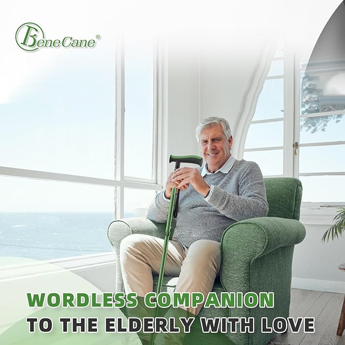 BeneCane Walking Cane for Men & Women Walking Stick for Seniors Folding Canes Quad Cane Adjustable Lightweight Sturdy Collapsible Heavy Duty with Soft TPR T-Handle and Travel Bag