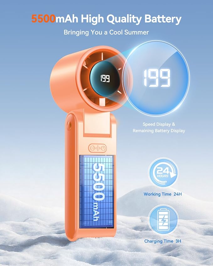 Portable Handheld Turbo Fan, 199 Gear Speed, 24 Hs Cooling Time, 5500mAh Rechargeable Mini Personal Hand Fan, Foldable Design, Travel Essentials, Beach Vacation, Gifts for Women, Men,Orange