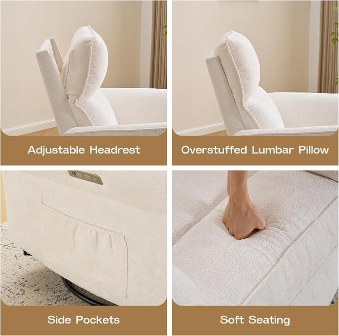 Power Nursery Recliner with Auto Rocking,Oversized Swivel Rocker Recliner with Massage and Heat,Glider Recliner Nursery Chair with Adjustable Headrest for Living Room and Bedroom,White