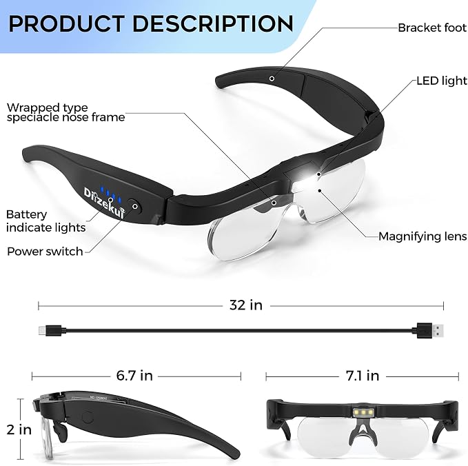 Dilzekui Magnifying Glass w/Light,1.5X-5X Magnifying Glasses Acrylic Lenses | Rechargeable Light with 2 Levels, Type-c Charged, 2 Wearing Ways, Hands free Headband Magnifier for Close Work Craft Hobbies
