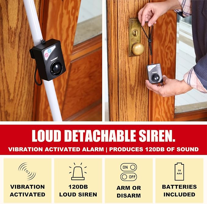 Securityman Door Security Bar with Alarm (Detachable) - 120dB Siren Door Stopper Alarm - Adjustable Jammer & Patio Bar - Strong, Withstands 400lbs - Home Protection