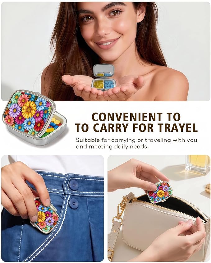 LRITER Pill Case, 2 Compartment Portable Small Travel Pill Organizer for Purse and Pocket, Stylish Medicine Case with Multiple Patterns, Daily Pillbox for Home & Travel (Sunflower)