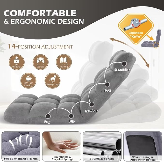 Folding Floor Gaming Chair 14-Poistion Cushioned Adjustable Floor Lazy Sofa Chair w/Breathable Cotton & Skin-Friendly Coral Velve for Adults & Kids Perfect for Reading Gaming Meditating, Grey