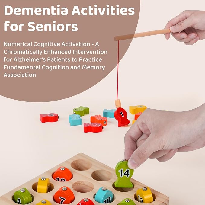 Dementia Magnetic Fishing Game, Wooden Cognitive Toy for Seniors | Alzheimer memory training toy, improves seniors fine motor skills, wooden magnetic brain exercise game