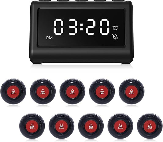 CallToU Wireless Calling System Caregiver Call Button Patient Call Bell with 10 Waterproof Call Buttons and 1 Display Receiver for Clinic Nurses Station Restaurant Nursing Home 1000FT Wireless Ranger