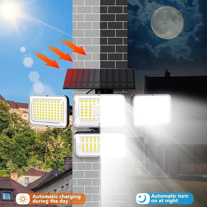 Solar Lights Outdoor, 288 LED 2800LM Motion Sensor Outdoor Light with Remote Control, 4 Heads IP65 Waterproof Solar Flood Security Lights for Outside Patio Wall -4PACK