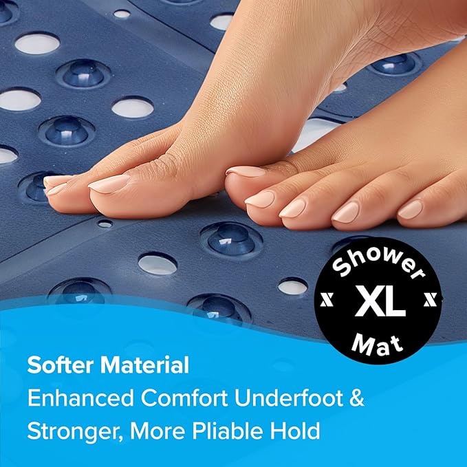 SlipX Solutions 27" Oversize Square Shower Mat, Non-Slip Mat for Elderly & Kids, 100+ Power Grip Suction Cups for Smooth Surfaces, Machine Washable, Navy