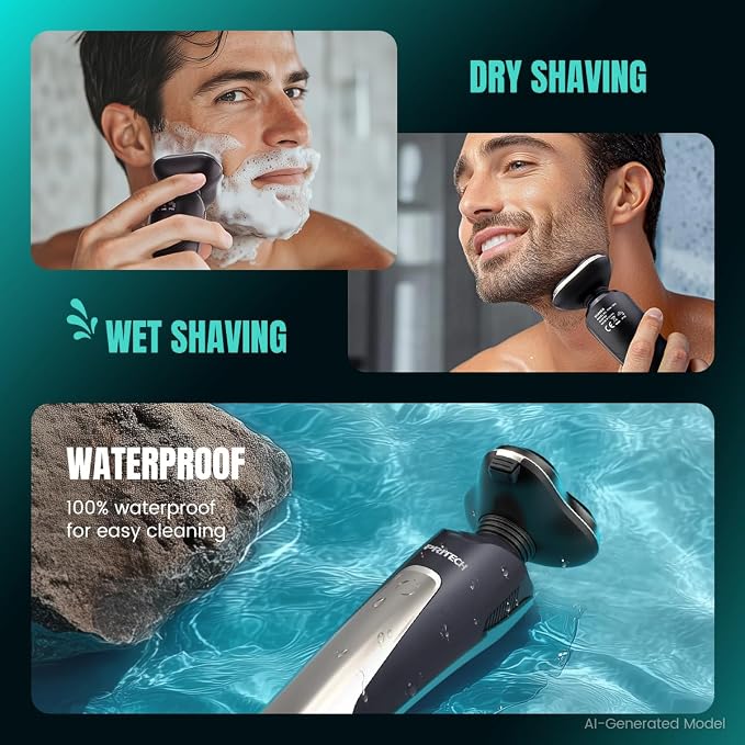PRITECH Electric Razor for Men Rotary Electric Shavers for Men Cordless | Portable, Wet & Dry Use, Travel Lock, LED Display, IPX6 Waterproof, Lightweight, USB Fast Charging, Gift for Men