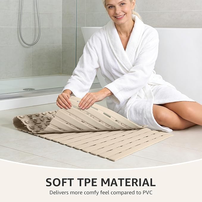 OTHWAY Non Slip Shower Mat, 36.6" x 16.9" Non Slip Shower Mats for Inside Shower, Shower Anti Slip Mat with Suction Cups, Easy to Cut Shower Floor Mat, Machine Washable Bathtub Mats, Light Brown