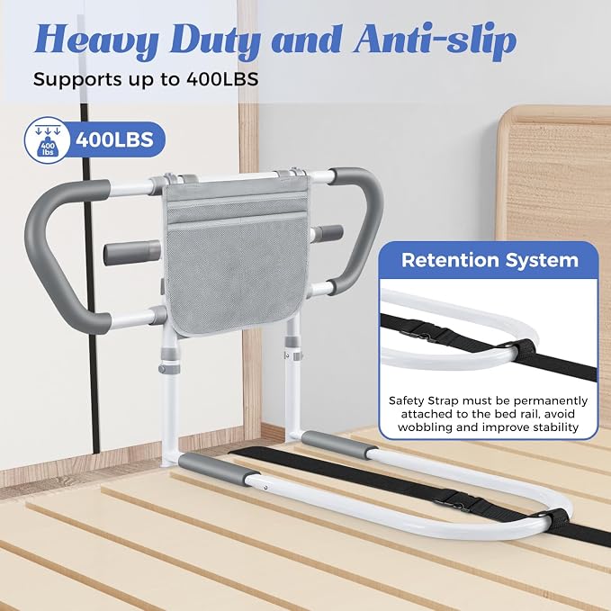 Bed Rails for Elderly Safety 400lb, Adjustable Assist Handle with Pocket | Fits frames 13.19"-19.16". Steel frame holds 400 lbs. Non-slip handle & rubber feet. No-tool assembly