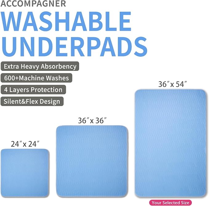 Accompagner Incontinence Bed Pads Washable Waterproof, Ultra-Absorbent Reusable Underpads for Diaper Changing, Nursing, Bedridden, Adults, Seniors, Kids and Dogs (Blue, 36"x54"(Pack of 2))