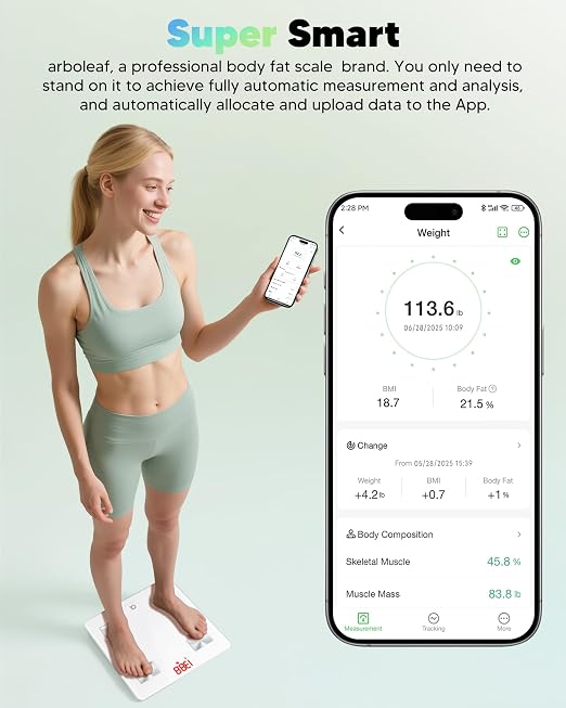arboleaf Scale for Body Weight, 8-Electrode Smart Scale with BMI, Body Fat, Muscle Mass, Full Body Composition Analyzer, High Precision Digital Bathroom Scale