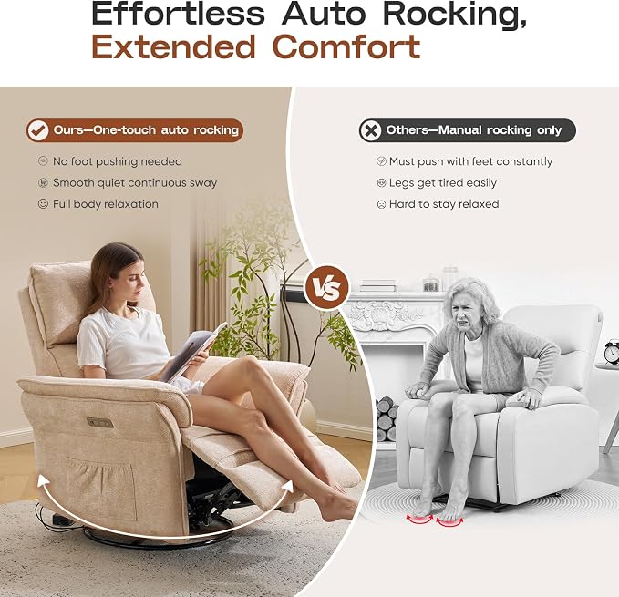 Power Nursery Recliner with Auto Rocking,Oversized Swivel Rocker Recliner with Massage and Heat,Glider Recliner Nursery Chair with Adjustable Headrest for Living Room and Bedroom,Beige