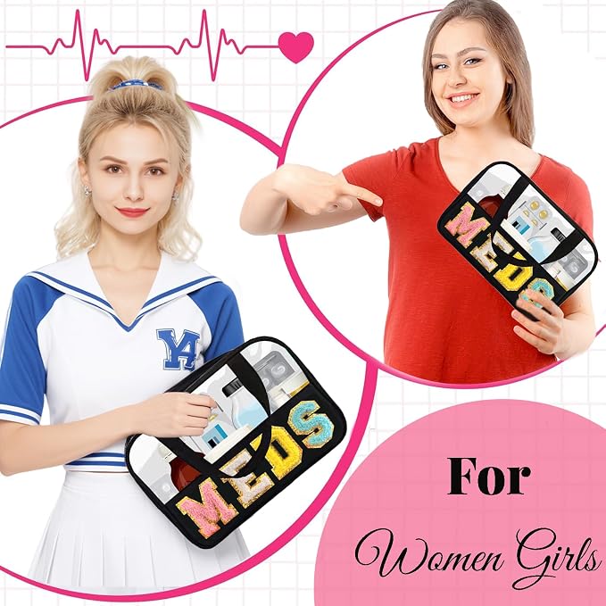 2 Pcs Chenille Letter MEDS Bag Clear Small Medical Medicine bag for Traveling Preppy Emergency Patch Bag with Handle and Zipper Waterproof Nylon Portable Makeup Bag for Women