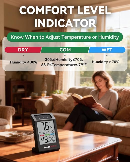 BALDR Solar Indoor Thermometer Hygrometer, Max/Min, Comfort Meter（Black） | Solar & Battery Dual Power |No Setup or App Required |Clear Comfort Level Indicator |Flexible Desk or Wall Placement