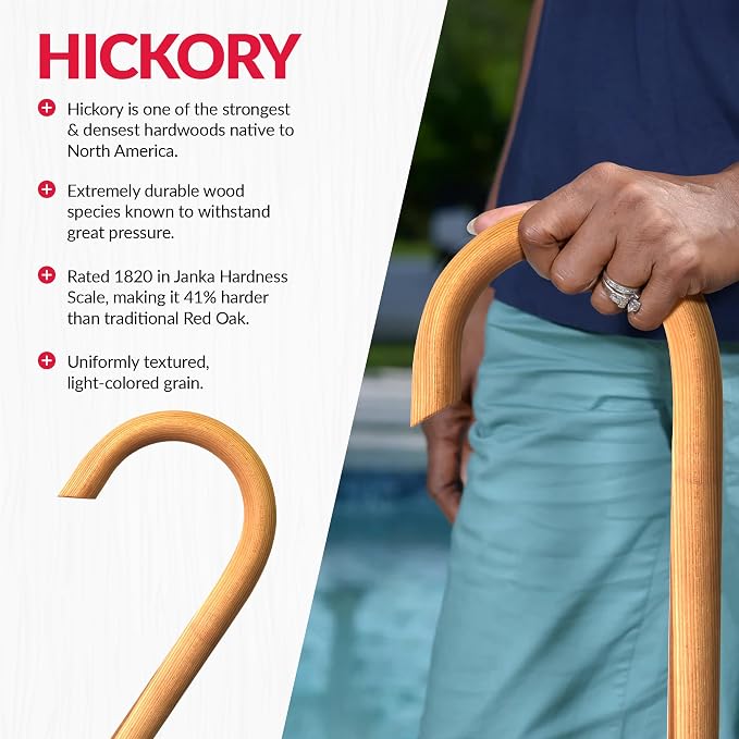 Cane Masters Handmade Wooden Classic American Walking Cane | Highly Durable American Hickory Wood Walking Cane | Ergonomic Handle and Body Grip, Anti-Slip Rubber Tip Wood