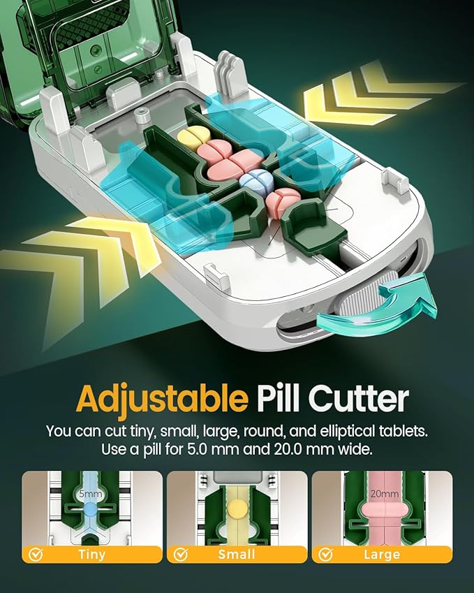 Professional Pill Cutter for Small Pills, 3-in-1 Pill Cutter Splitter for Small or Large Pills-Safely Cuts 1/2, 1/3, and 1/4 Multiple Pills Splitter, Adjustable Pill Cutter (Green White)
