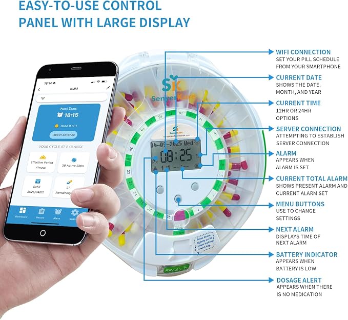 WiFi Automatic Pill Dispenser with App Remote Monitoring | Tracks Adherence History, App/Sound/Light Alerts, LCD Display, 28-Day Locking Medication Organizer for Seniors, Caregivers