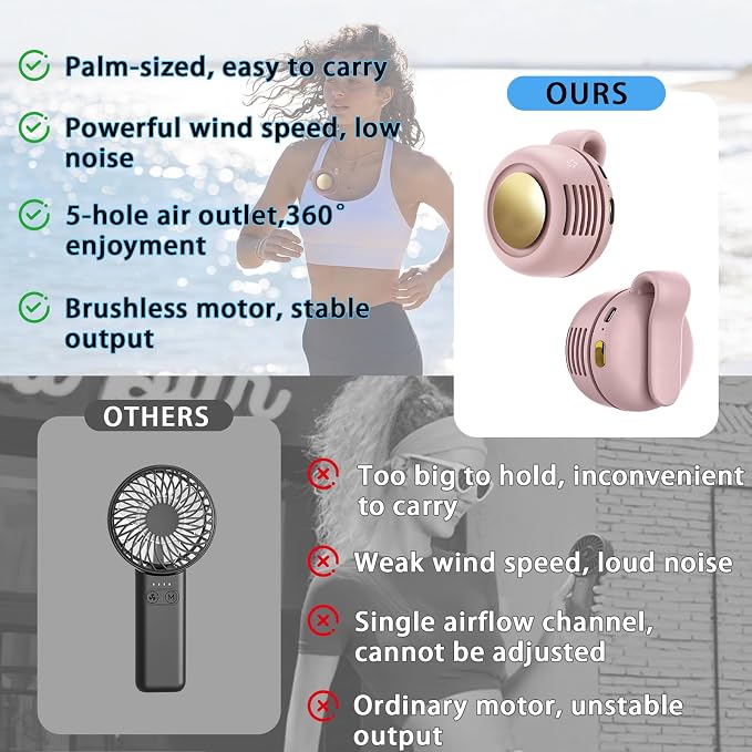 Portable Clip-On Fan, Mini USB Rechargeable 360° Rotatable Fan, Personal Fan 3-Speed Silent Mini Bladeless Fans (1 pack（Pink）)