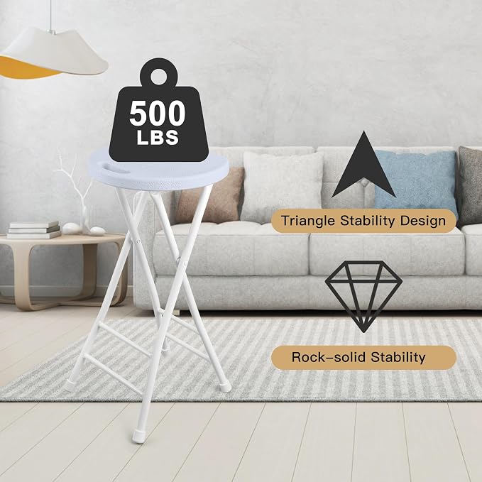 24-Inch Folding Stool with Handle, Folding Bar Stool with Non-Slip Feet,Folding Chair,Indoor and Outdoor Foldable Stool for Adults,500 lbs Capacity,Kitchen,Game Room(13"×11.5"×24",White)