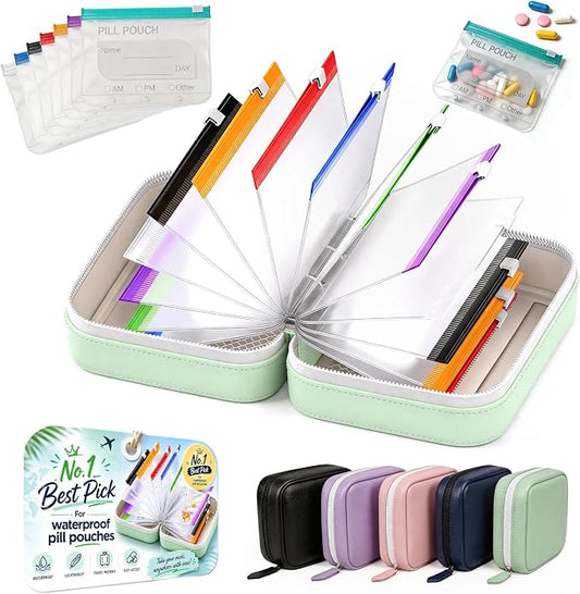 14 Day Travel Pill Kit Personal Medicine Organizer Case Set A8 Waterproof Pill Pouch for Travel Small Portable Storage Binder Style with Bags Cute Medication Purse Zipper Pocket (Green-7 Pouches)